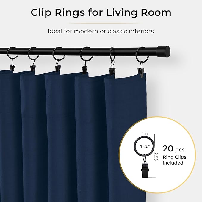 INOVADAY 100% Blackout Curtains for Bedroom, Black Out Curtains 84 Inch Long, Clip Rings Linen Blackout Drapes, Thermal Insulated Room Darkening for Living Room, 1 Panel - Midnight Blue,W102xL84