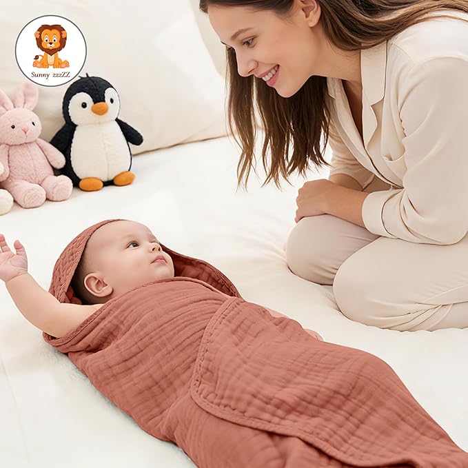 Sunny zzzZZ Muslin Hooded Baby Bath Towels - 3 Pack 100% Cotton Soft Low-Saturation Pastel Towels Including Classic White for Newborns, Infants, Toddlers - 32x32 Inch - Deep Bean Paste and White