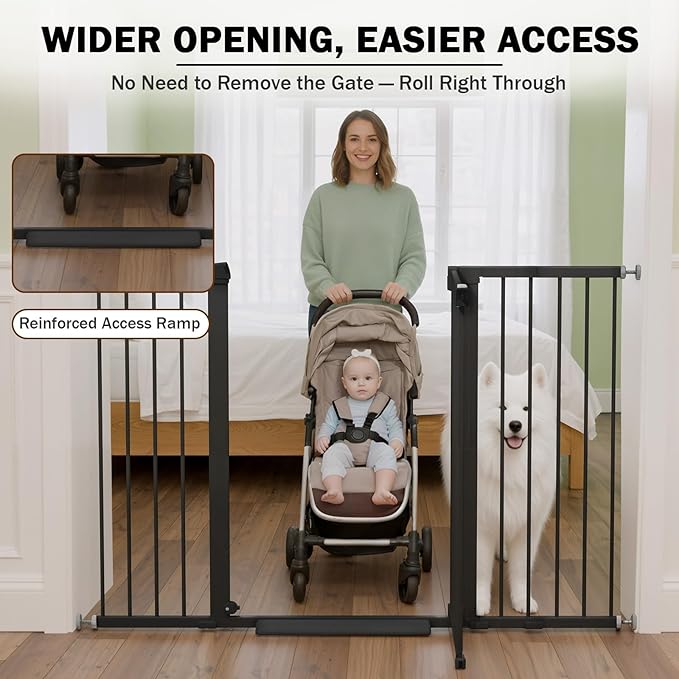 Mumeasy 36" Extra Tall Baby Gate for Doorways, 29.7"-57" Extra Wide Dog Gate for Stairs, Pressure Mounted Auto Close Pet Safety Gate with Easy Walk Thru Door, Large Indoor Child Gate for House, Black