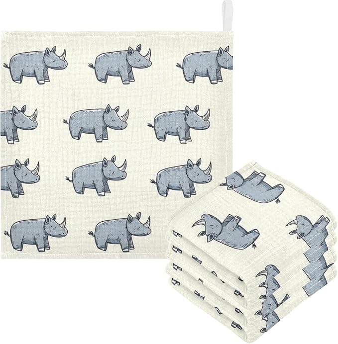 vvfelixl Baby Muslin Washcloths Cartoon Rhino Stick Figure Baby Burp Cloths Cotton Babys Face Towel for Newborn Infants Boys Girls Soft and Absorbent 11.8 X 11.8 in, 3 Pack