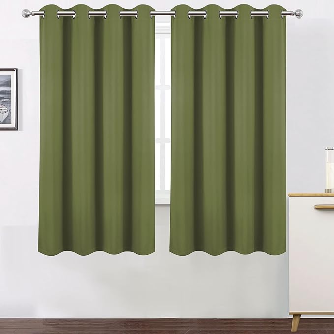 LEMOMO 100% Blackout Curtains 52 x 63 Inch/Olive Green Curtains 2 Panels with Black Lining Room Darkening Thermal Insulated Bedroom Curtains