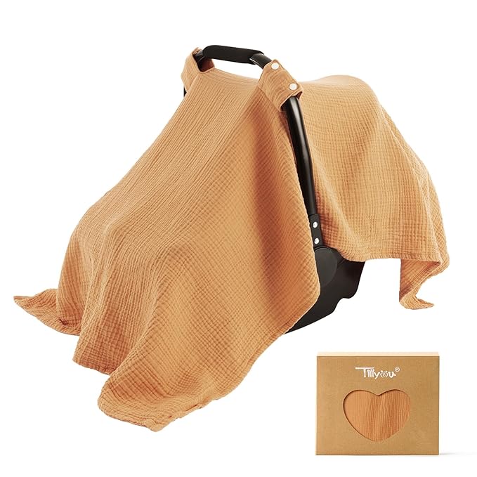 TILLYOU Baby Car Seat Cover, Breathable Muslin Cotton Infant Car Seat Cover, Lightweight Canopy with Sun and Bug Protection(Orange)