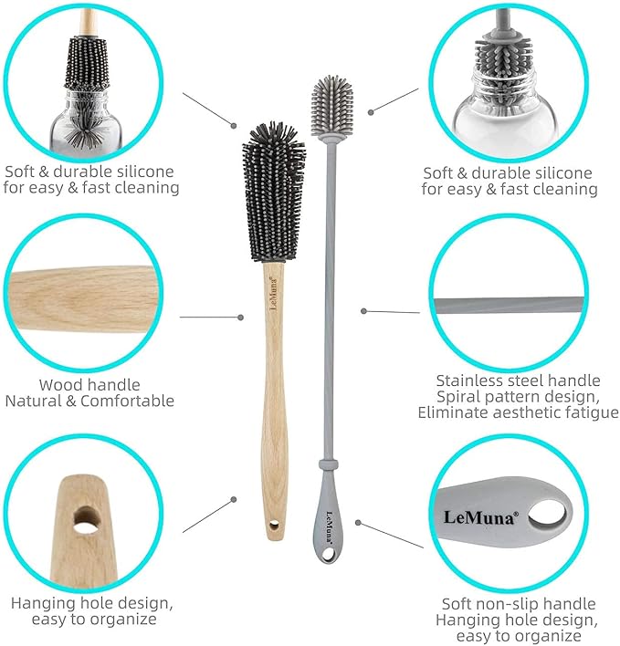 LeMuna Silicone Bottle Brush Set with Wooden Handle - Silicone Brush & Straw Cleaner for Hydro Flask, Sports Bottle, Glassware