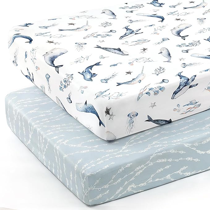 GRSSDER Stretch Ultra Soft Jersey Knit Fitted Crib Sheets Set 2 Pack, Universal Fit All Standard Crib Mattress Pads Safe and Snug, Crib Fitted Sheet with Deep Pocket, Original Design for Baby Boy