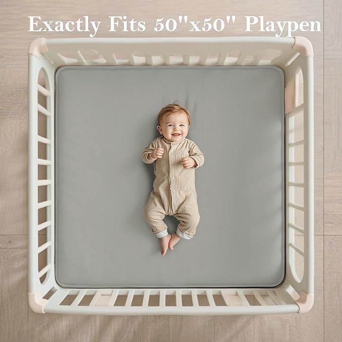 PapaMama Baby Play Mat for Floor,1.3" Thick Elasti-Foam 50"×50" Playpen Mat for Tummy Time,Water Repellent Soft Coral Velvet for Toddler,Infant,Kids,Non-Slip Backing Safe for Crawling(LightGrey)