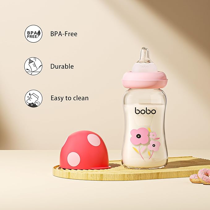 YOHKOH Natural Glass Baby Bottle with Level 1 Slow Flow Nipple, Newborn Anti-Colic Baby Bottles, Wide Neck Mushroom Baby Glass Bottle ((5.4oz (Pack of 4), Red-1)