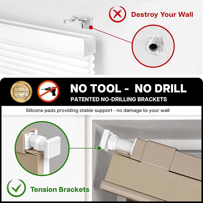LazBlinds Cordless Cellular Shades, No Tools No Drill Light Filtering Honeycomb Shades Pleated Blinds for Windows, 31'' W x 48'' H, Taupe