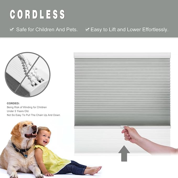 Changshade Cellular Shades Cordless Blinds for Indoor Windows, Honeycomb Blinds Pleated Window Shades Light Filtering for Bedroom, Bathroom, Shade Size 36 inch High 19 inch Wide, Gray