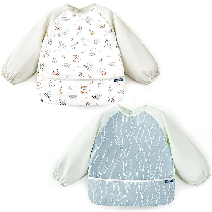 GRSSDER 2 Pack Long Sleeve Baby Feeding Bibs, Super Soft Lightweight Waterproof Coverall Baby Led Weaning Bib with Large Food Catcher Pocket, Adjustable and Easy Clean for 6-30 Months