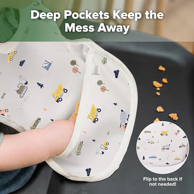 haakaa Waterproof Baby Bibs for Eating, Soft & Lightweight Toddler Bibs with Food Pocket, Easy Wipe Clean, Ages 6–24M, 2 Pack