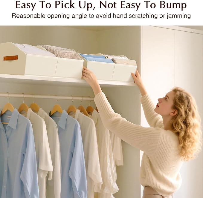Closet Organizers and Storage Bins - 4 Pack Collapsible Divided Trapezoidal Cube Storage Bins Baskets with Orange Handle for Organizing Clothes Blankets, Toys, Books, Towels(Beige)