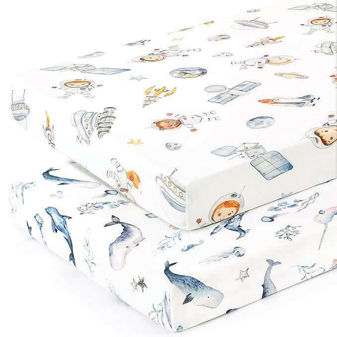 GRSSDER Stretchy Ultra Soft Jersey Knit Pack and Play Sheets 2 Pack, Portable/Mini Crib Sheets Universal Fitted for Playpen Mattress Safe and Snug, Cute Sea Fish & Space Print