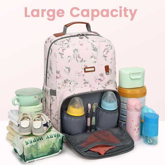 Diaper Bag Backpack, Large Baby Nappy Bags with Portable Changing Pad for Boys and GirlsMultifunction Travel Baby Bag for Moms Dads, Shower Gifts Waterproof and Stylish，Flower Pink