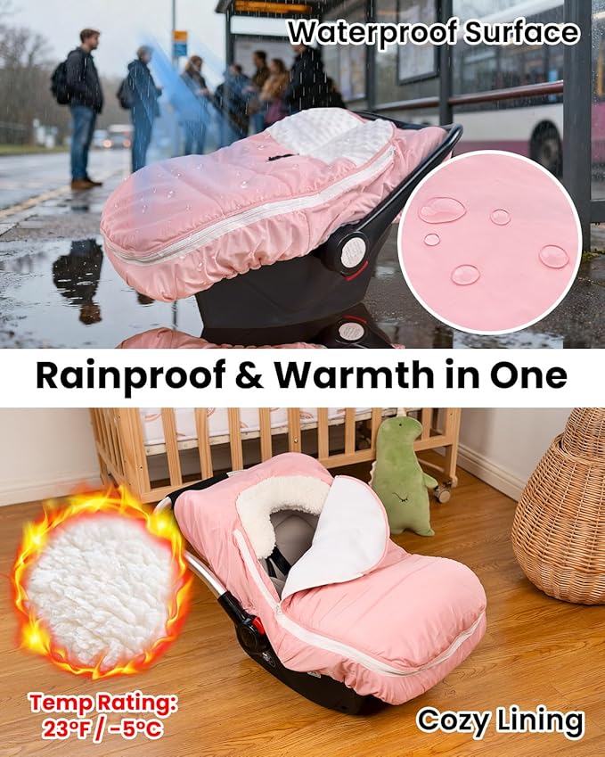 TinyPalsa Winter Baby Carseat Cover, Warm Cozy Infant Car Seat Covers with Plush Lining for Cold Weather, Waterproof Carseat Canopy with Adjustable Collar, Universal Fit for Boys & Girls (Pink)