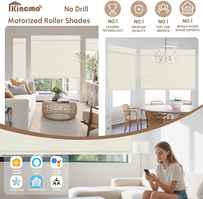Kincmo No Drill Motorized Blinds with Remote, 100% Blackout Roller Shades for Windows, Custom Electric Blinds Compatible with Alexa, Apple Homekit, Google Home (100% Blackout Dreamy Warm)