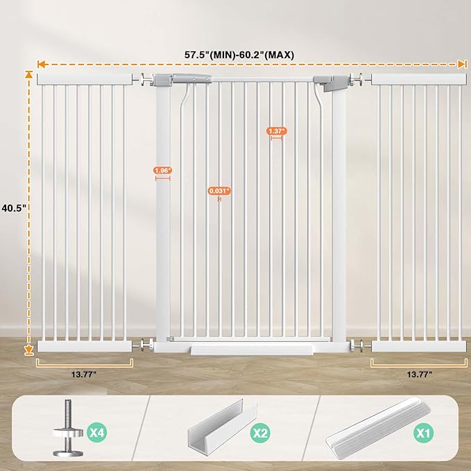 40.5" Extra Tall Baby Gate, 57.5"-60.2" Extra Wide Long Dog Pet Gate Indoor, Adjustable Safety Child Gate No Drill, Metal Auto Close Pet Proof Tall Gate for Stairs Doorway Kids, White