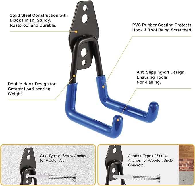 Steel Garage Hooks Wall Tool Organizer, 8 Pack Garage Storage Hook Heavy Duty Utility Storage Hangers Blue for Ladders, Ropes, Garden Tools