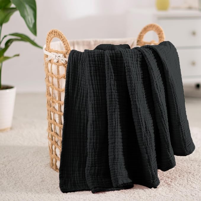 Carriediosa 100% Cotton Muslin Throw Blanket 50" X 70" Twin XL Size，4-Layers Summer Gauze Throws for Bed Couch，Soft Lightweight Breathable Linen Blankets Bedspread for Adults All Season，Black