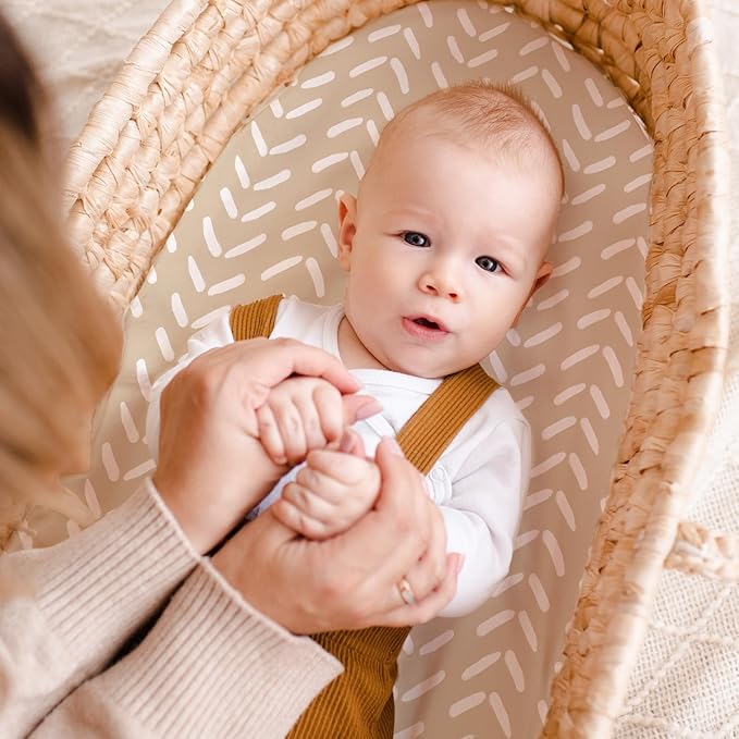 3 Pack Stretchy Bassinet Sheets for Baby Girl Boy, Soft Breathable Baby Bassinet Mattress Sheets Fit for Hourglass Oval Cradle, Moses Basket Rectangle Mattress (Brown Rainbow)