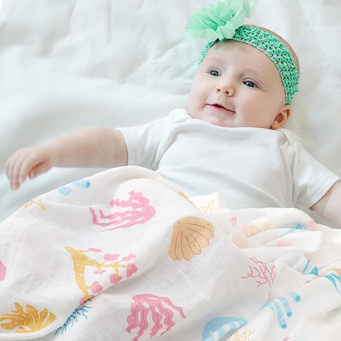 Muslin Swaddle Blankets for Newborn, 4-Pack Breathable Receiving Baby Blanket, Large 47 x 47 Inches Swaddling Wrap for Boys and Girls (Ocean Adventure)
