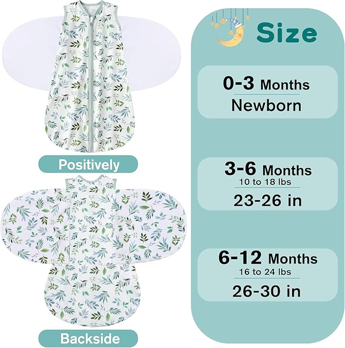 BSTOPPT Newborn Sleep Sack Baby Swaddle,Swaddle me 0-3 Month,3-Way Adjustable Wearable Blanket,100% Rayon Cotton Swaddling Sleeping Bag，TOG 0.5 (Leaf, 0-3 Months)