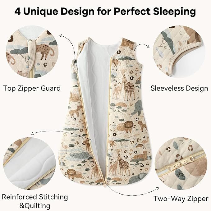 Unnivoll Baby Sleep Sack 0-6 Months 1.5 Tog Baby Wearable Blanket 100% Cotton Fabric Warm Sleeping sack with 2-Way Zipper Quilted for Infant Newborn Tog Apricot Elephant
