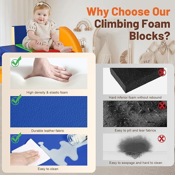 6-Piece Soft PU Leather Toddlers Climbing Toys, Baby Foam Climbing Blocks for Toddlers, Foam Play Gym Climber Structures for Toddler 3, Indoor Climb and Crawl Activity Play Set