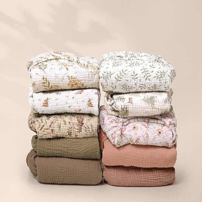lulumoon Baby Muslin Crib Sheets: Soft & Breathable Fitted Crib Sheets for Boys and Girls - Khaki Bunny Sheets for Standard Crib 2Pack