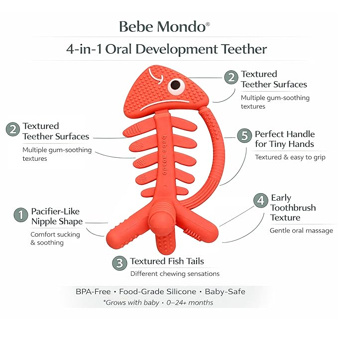3 in 1 Infant Toys, Baby Teething Toys 3–6 6–12 Months, Teethers for Babies 0–3–6–12 Months for Teething Relief, Baby Gift, Baby Teether Toys, Silicone Sensory Toys, USA Patent Pending, Fish (Coral)
