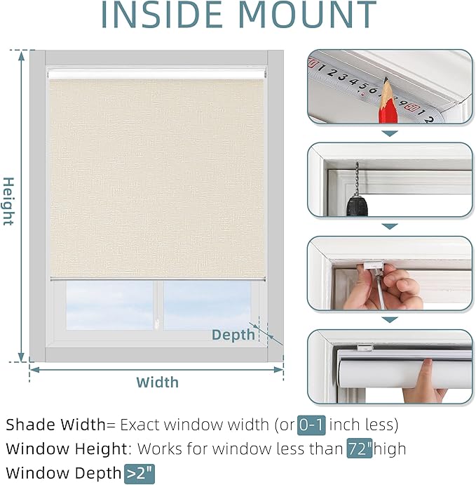 ChrisDowa Cordless 100% Blackout Roller Shade, with Striped Jacquard, Thermal Insulated, UV Protection Fabric, Total Blackout Blinds for Window, French Doors, Home and Office. Beige, 58" W x 72" H