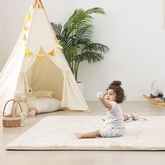 1.5" Thick Baby Play Mat for Floor, 50x50 Playpen Mat, Pro Soft Flannel Foam Mats Toddler Infant Kids Crawling for Nursery Rug Playroom Living Room Waterproof Easy Care Non-Slip (Beige)