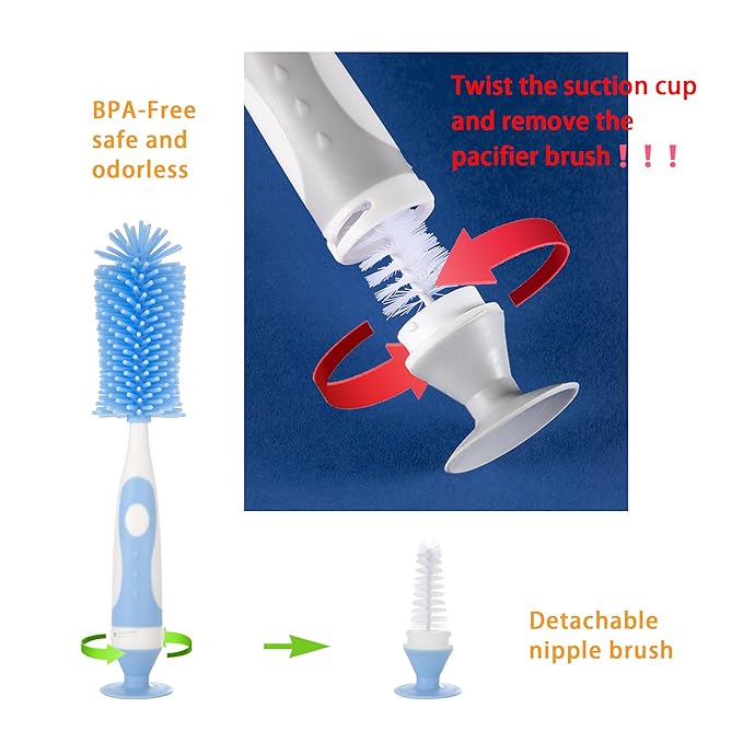 Chemimoso Multifunctional Cleaning Brush, Baby Bottle Brush, Bottle Brush Cleaner, Rotate The Suction Cup to Obtain The Small Bristle Brushes, Set Z, Blue, Silicone and Nylon Brush