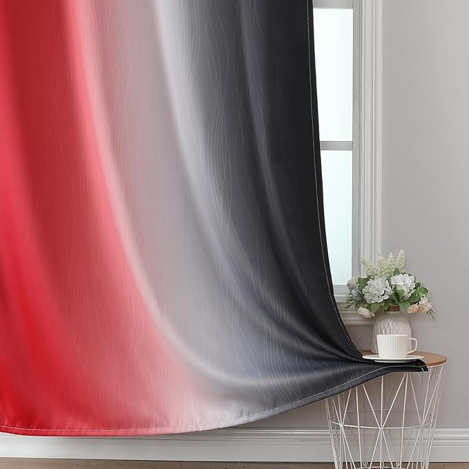 Red and Black Ombre Curtains 96 Inches Long, Total Blackout Curtains for Game Room, Thermal Insulated Gradient Grommet Drapes, Full Room Darkening Curtains for Living Room, 42x96 Inch, 2 Panels