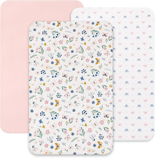 david's kids 3 Pack Mini Crib Sheets, Soft Breathable Premium Pack N Play Sheets for Baby Boys Girls Neutral, Playard and Mini Crib Mattresses, Floral & Butterfly