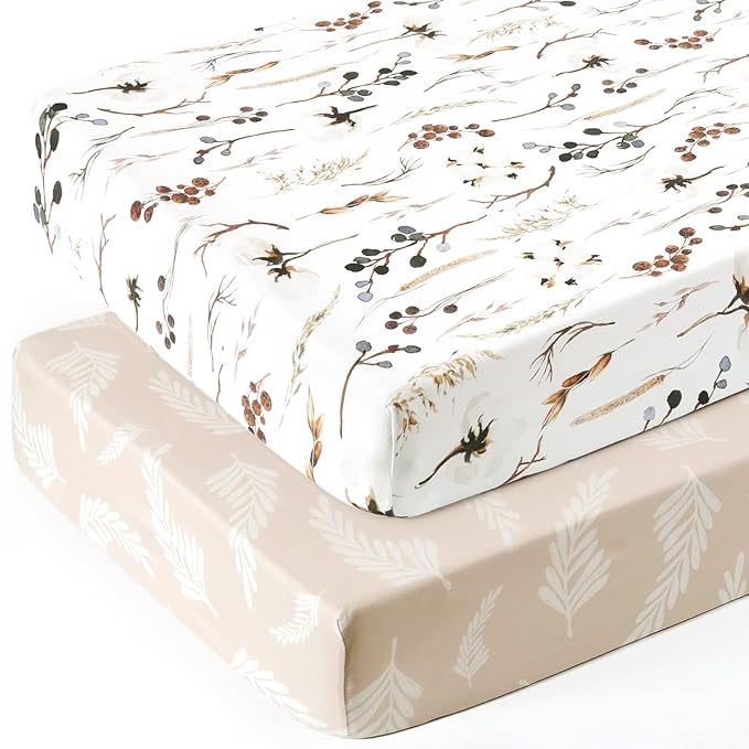 Stretch Ultra Soft Jersey Knit Fitted Crib Sheets Set 2 Pack, Fits All Standard Crib Mattress Pads Safe and Snug, Stylish Pretty Flora for Baby, Beige