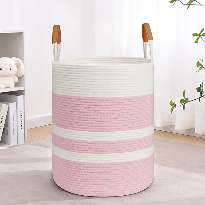 60L Striped Laundry Basket, Pink Laundry Hamper with Leather Handles, Woven Cotton Rope Storage Bin for Blankets, Nursery Hamper for Clothes, Toys In Bathroom, Livingroom, Bedroom