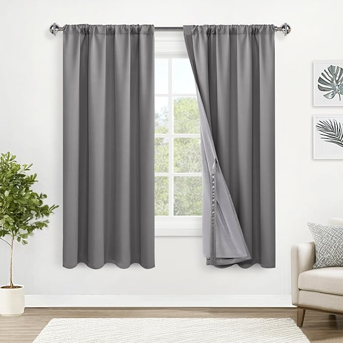 XWZO Total Blackout Curtains 63 Inches Long - Rod Pocket/Back Tab Double Layer Full Room Darkening & Energy Saving Window Panels with Tiebacks for Living Room/Bedroom, Grey, W52 x L63, Set of 2