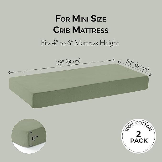 Dreamology Mini Crib Sheets Fitted,100% Cotton Crib Sheets,Super Soft, 2 Pack, Pack and Play Sheets, Mini Crib Mattress Sheets for Boys,Girls,Pack n Play Sheets,38x24 Mini Crib Sheets | Green,Flowers