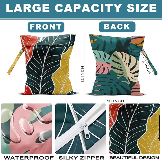 2Pcs Palm Leaves Wet Bag 12x10 Inch, Green Summer Waterproof Travel Laundry Bags, Washable Reusable Wet Dry Bag for Swimsuit Beach Diapers Dirty Yoga Gym Clothes, Plant Gifts for Women Friend