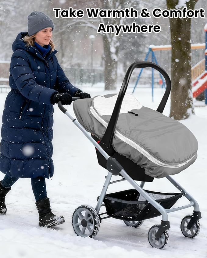 TinyPalsa Winter Baby Carseat Cover, Warm Cozy Infant Car Seat Covers with Plush Lining for Cold Weather, Waterproof Carseat Canopy with Adjustable Collar, Universal Fit for Boys & Girls (Grey)