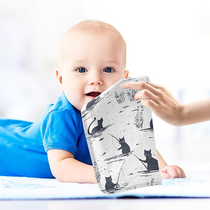 vvfelixl Cat Fishing Baby Burp Cloths Baby Muslin Washcloths for Boys Girls Cotton Babys Face Towel for Newborn Infants Soft and Absorbent 11.8 X 11.8 in, 5 Pack
