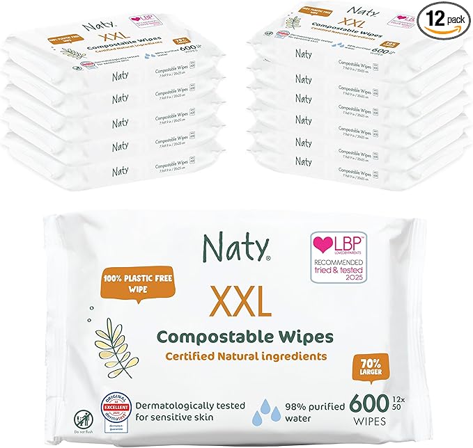 Naty Baby Wet Wipes XXL | Natural, Unscented, 98% Purified Water for Sensitive Skin | Plant-Based & Fragrance-Free | Plastic-Free & Compostable | Gentle Newborn Diaper Wipes | 600 Count (12 Packs)