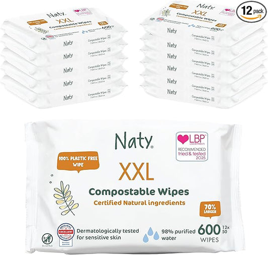 Naty Baby Wet Wipes XXL | Natural, Unscented, 98% Purified Water for Sensitive Skin | Plant-Based & Fragrance-Free | Plastic-Free & Compostable | Gentle Newborn Diaper Wipes | 600 Count (12 Packs)