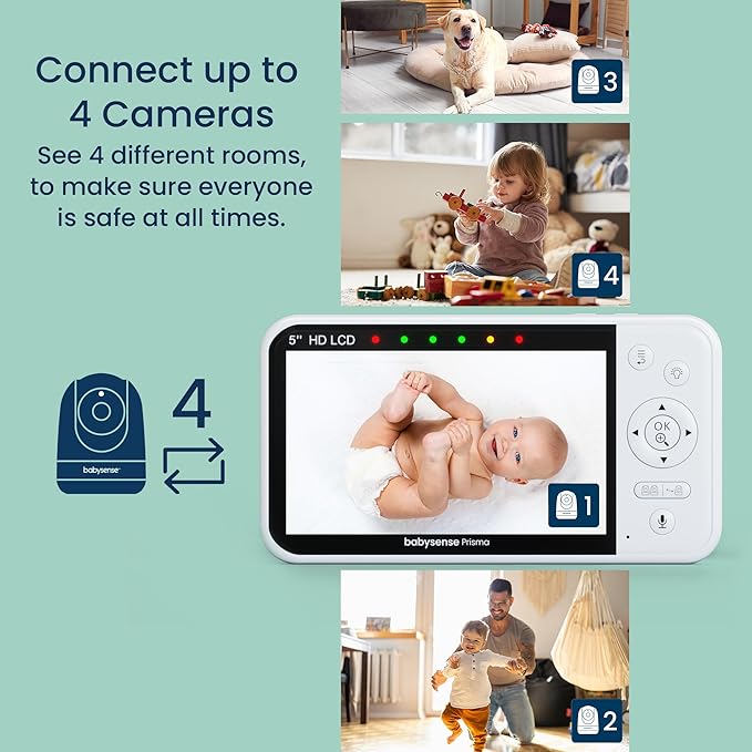 Babysense Prisma Baby Monitor with Camera and Audio, 5” HD Video Baby Monitor with 2 Cameras, 6-Color Night Light, Split Screen, Sound Machine with White Noise & Lullabies, Secure No WiFi