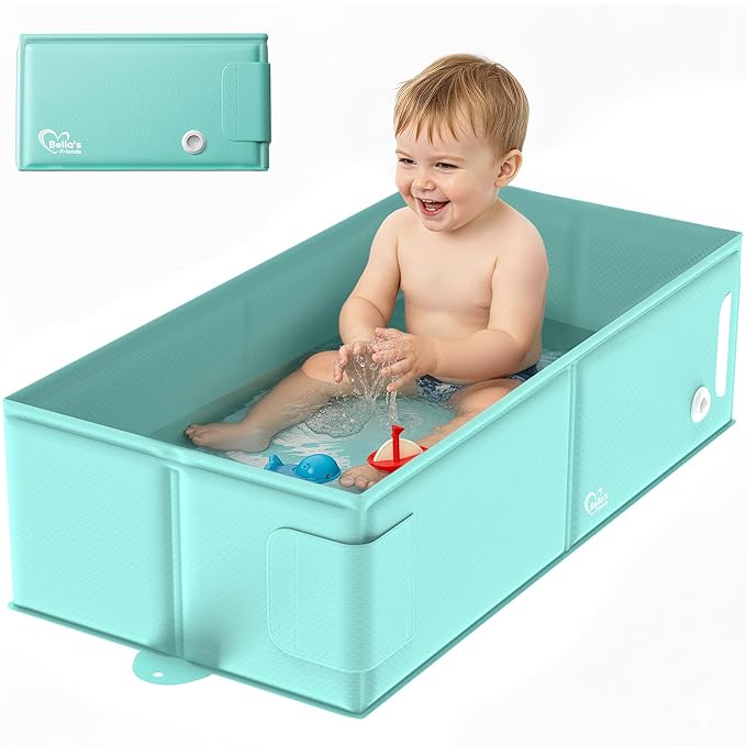 Bella’s Friends Baby Collapsible Bathtub, Travel Bath Tub for Baby, Foldable and Portable, Easy Storage, Non-Slip Base, Reinforced Structure, Lightweight, Essentials for 6M-3Y Infant Toddler, Green