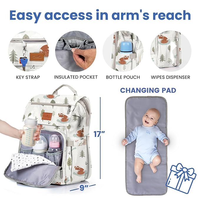 PILLANI Baby Diaper Bag Backpack - Large Bag for Boys & Girls, Waterproof Diaper Backpack - Travel Diaper Bags w/Changing Pad, Baby Registry Search & Shower Gifts - Essentials Must Haves Newborn Stuff