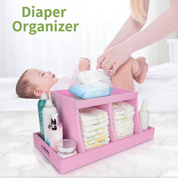 Diaper Caddy Organizer, Changing Table Organizer, Wooden Diaper Organizer for Nursery, Baby Diaper Storage Organizer with Removable Dividers (Pink, Rectangular Size)