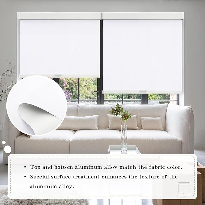 Cordless Blackout Roller Shades Blinds for Windows Free-Stop,Pull Down Room Darkening with Valance,Thermal Insulated Woven Fabric Window Door Blinds for Home,Office,White 64" W x 72" H
