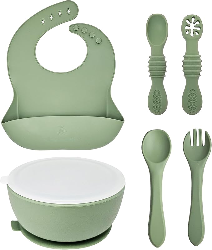 HippoBaby 6 Piece Baby Bowls With Suction and Lids | Toddler Bowl Set with 1 Bowl, 1 Bib, 2 Baby Spoons, 1 Large Spoon, 1 Large Fork, Baby Feeding Essentials (1, Mint)
