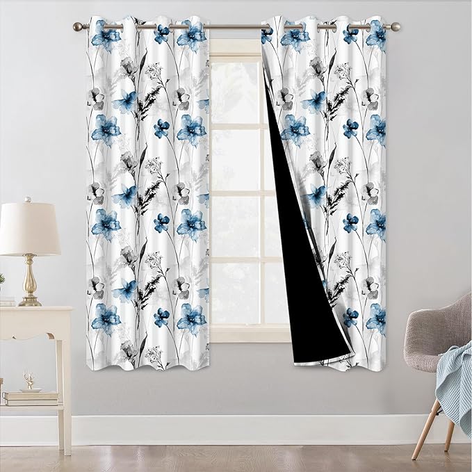 Watercolor Blue Floral Blackout Curtains for Bedroom and Living Room, Grommet Light Filtering Black Out Window Curtains 63 Inch Long 2 Panel Sets, Room Darkening Thermal Curtains for Winter Insulated